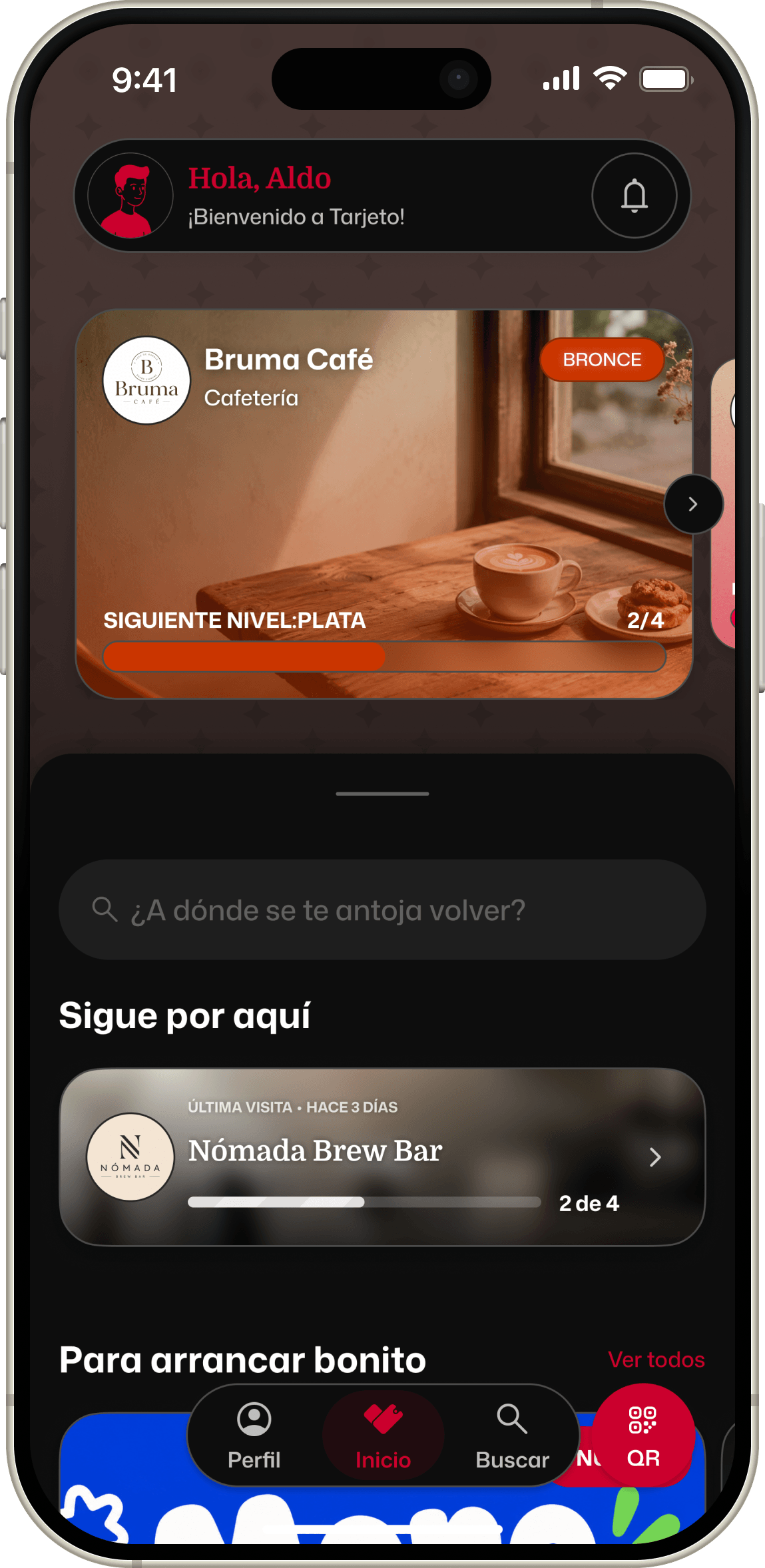 Pantalla de inicio de Tarjeto